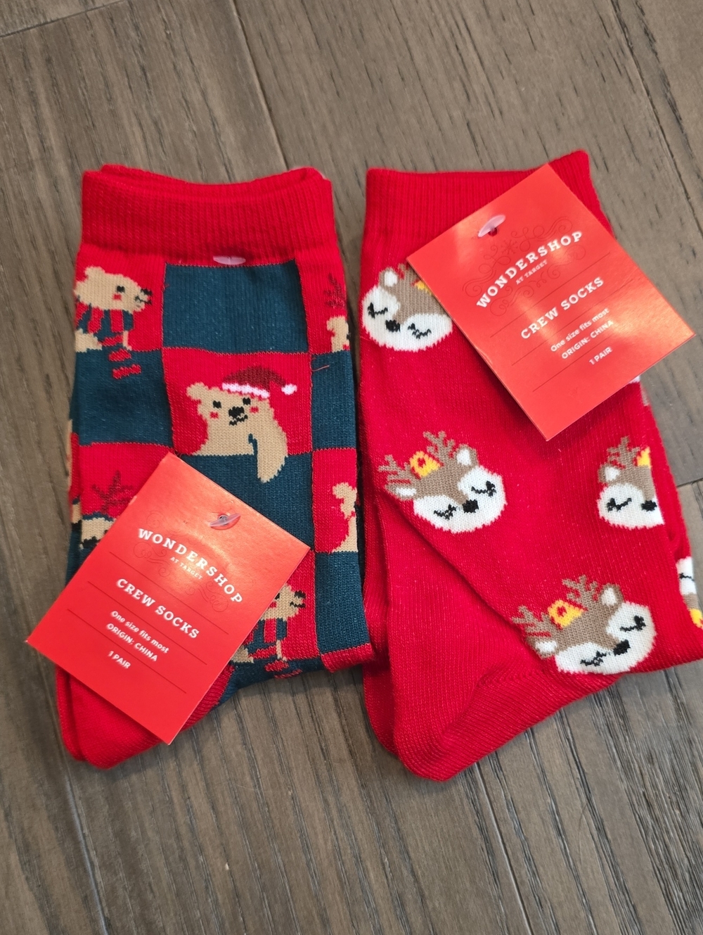 Wondershop Red Crew Socks Two-Pack with Reindeer and Bear Holiday Motifs